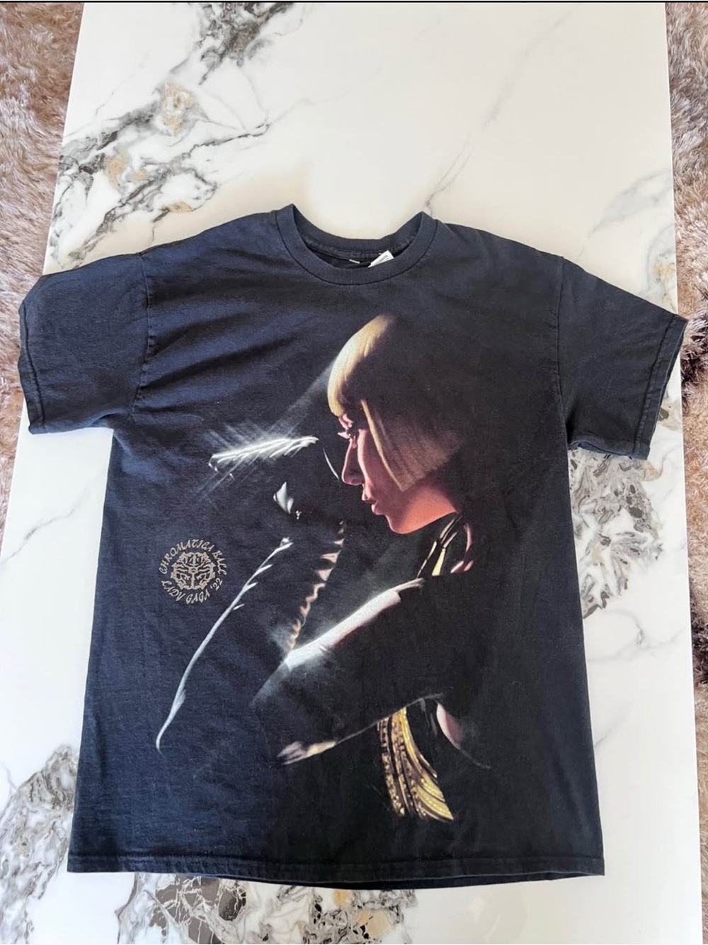 Black Graphic Short-Sleeve Tee with Blonde Profile Print